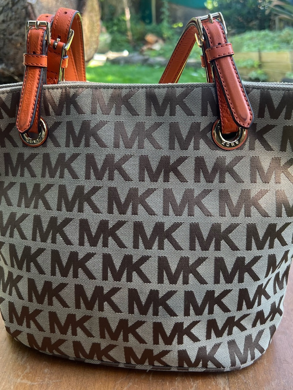Michael Kors Brown MK Logo Tote with Tan Handles